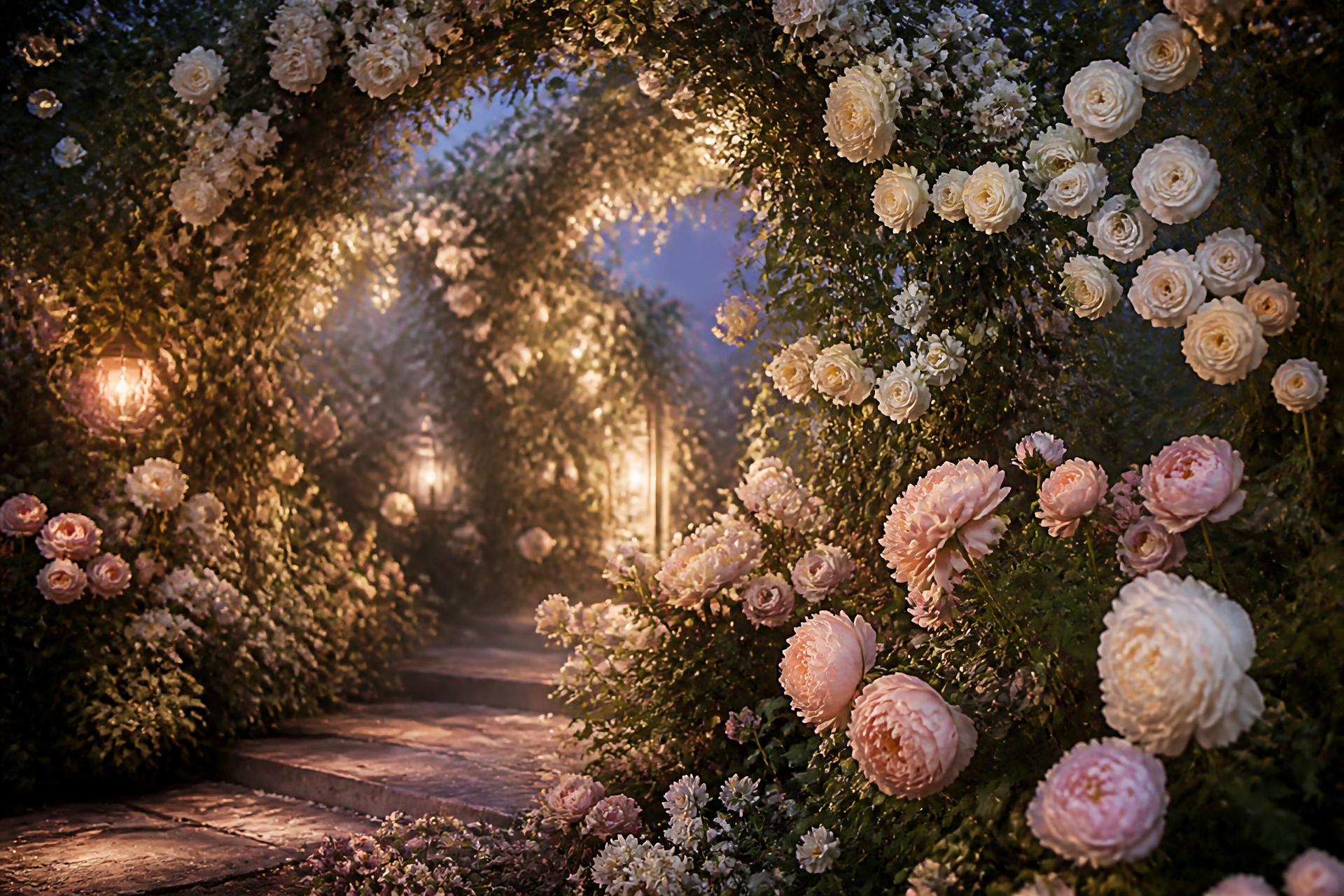 Romantic enchanted garden archway at twilight with cascading roses and peonies